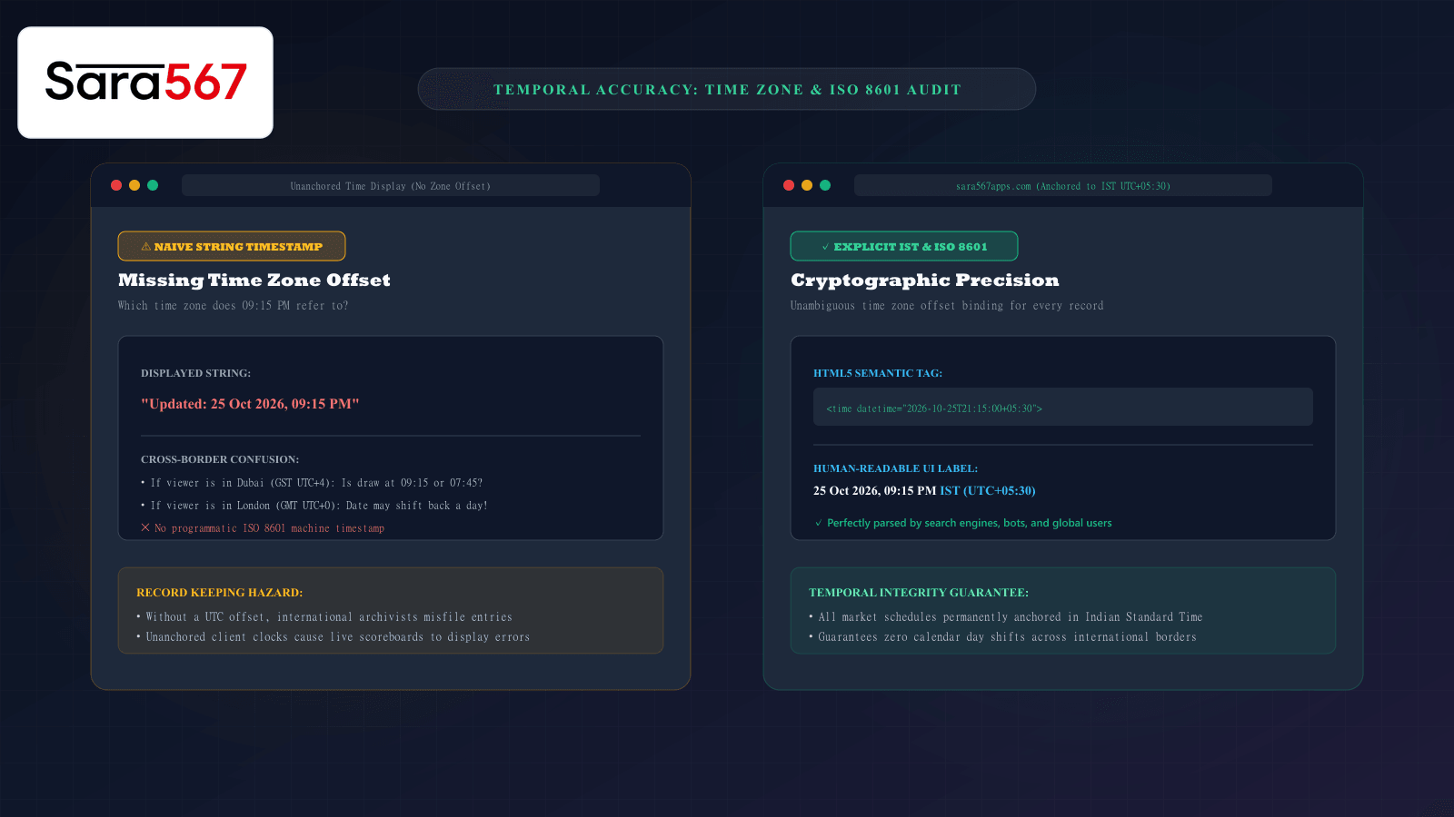 Illustration comparing ambiguous naive timestamps with explicit ISO 8601 and Indian Standard Time declarations on a chart website
