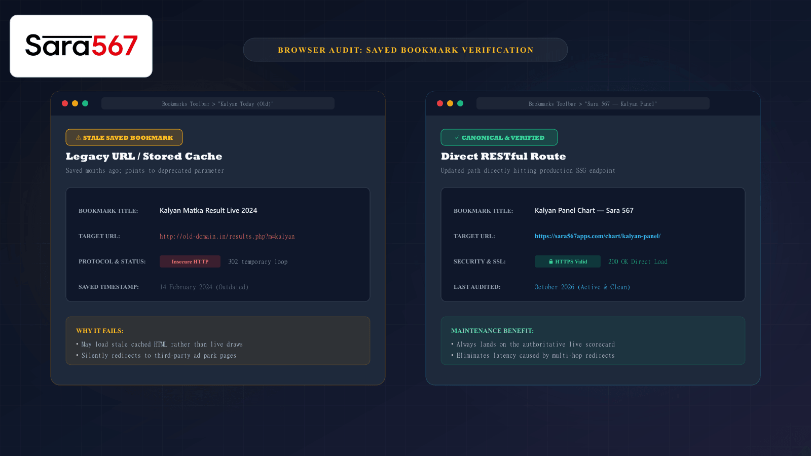 Illustration showing how to audit and verify saved browser bookmarks against live canonical URLs