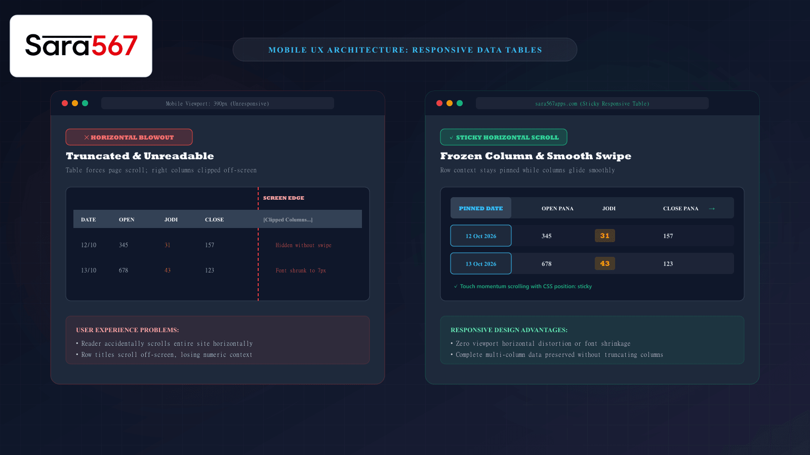Illustration comparing an unresponsive broken table layout with a mobile-optimized responsive table featuring sticky columns and smooth scrolling