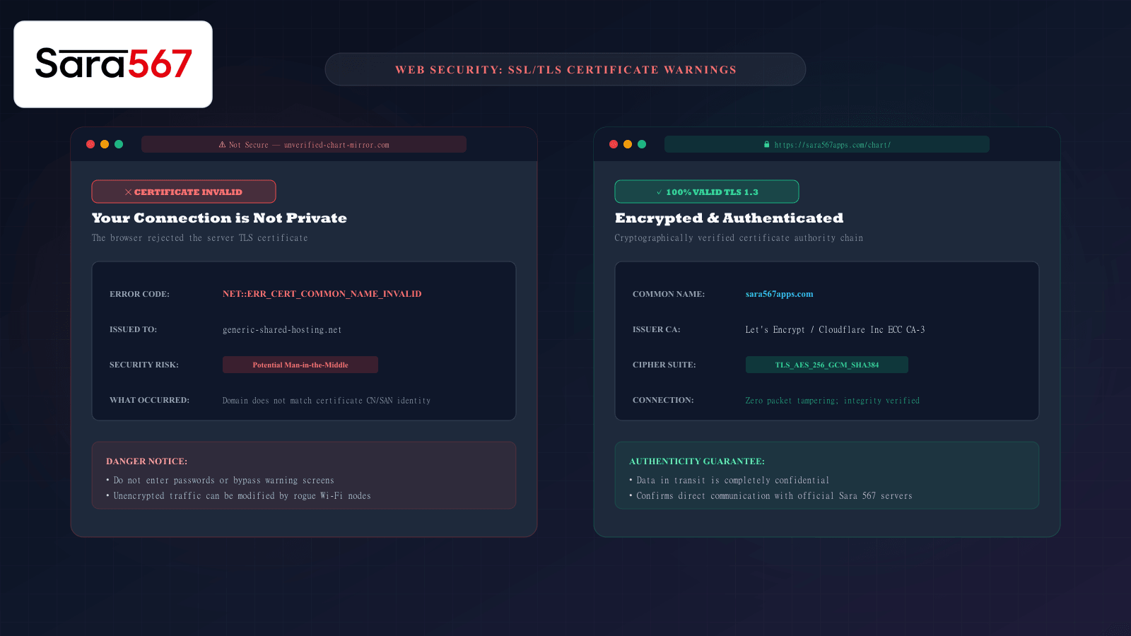 Illustration showing browser SSL TLS certificate warnings and secure HTTPS padlock verification on a chart website