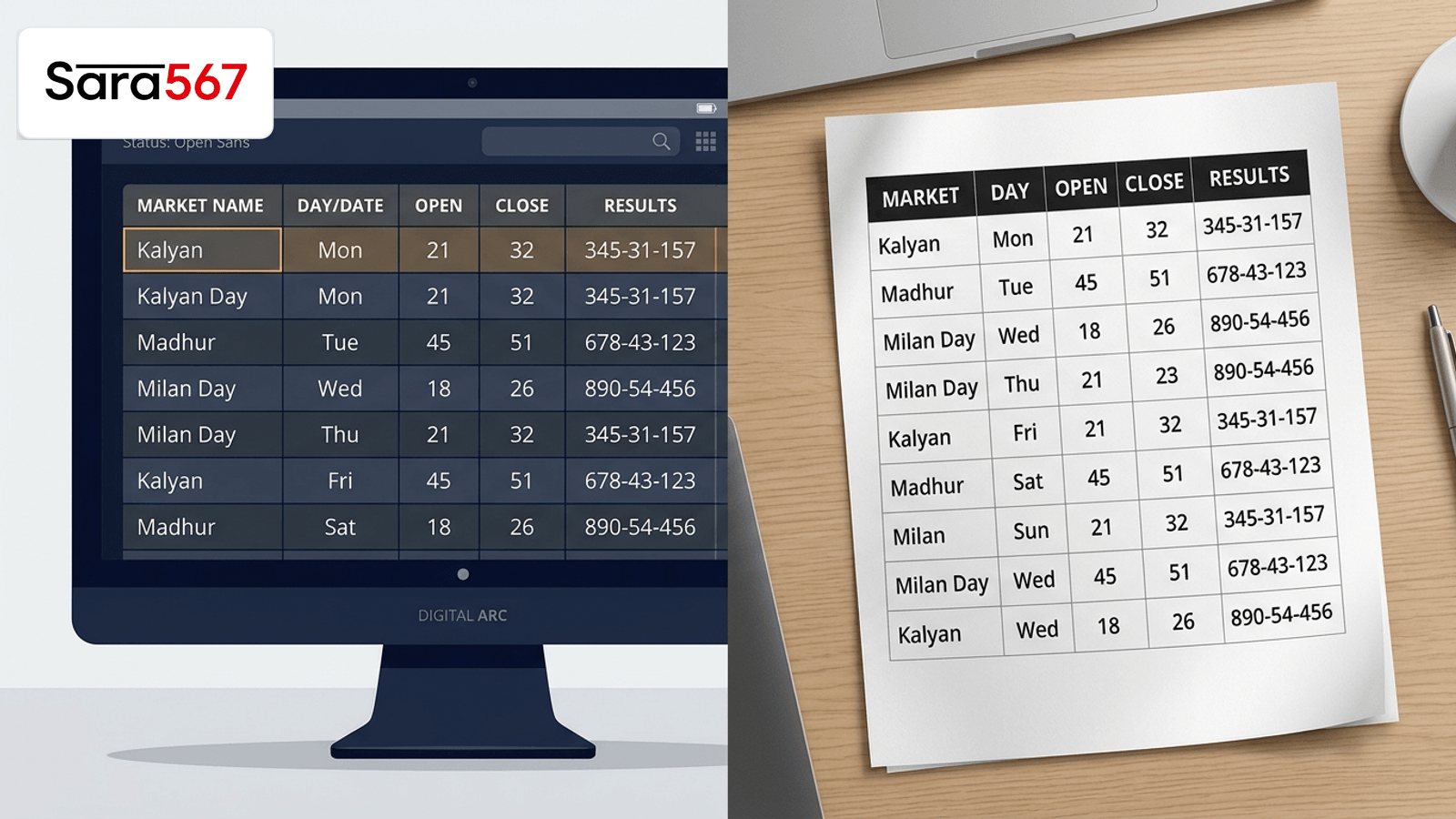 Illustration comparing a chart displayed on screen with the same style of table arranged for printing