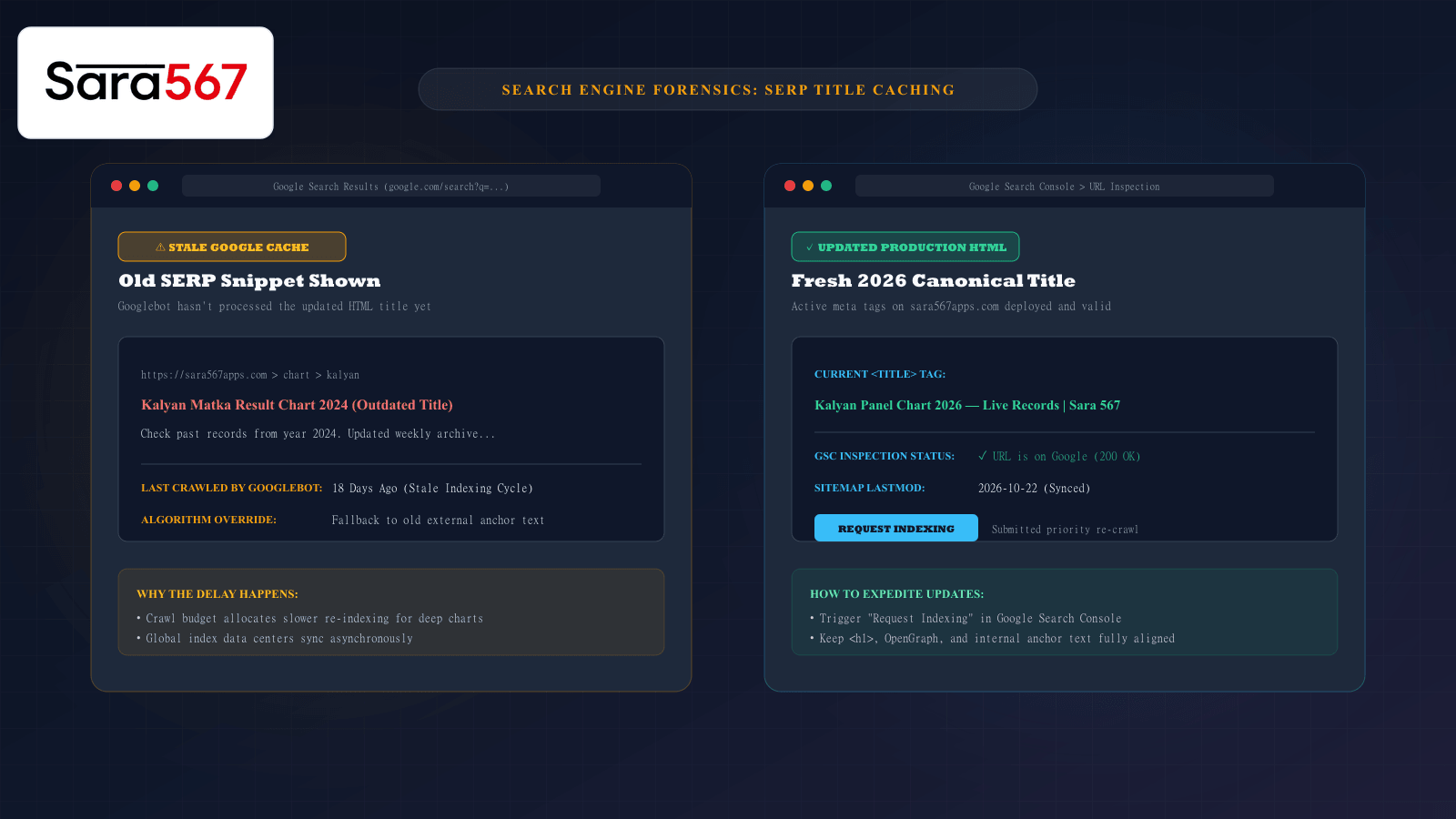 Illustration comparing a stale Google Search snippet with updated production HTML and Google Search Console re-indexing tools